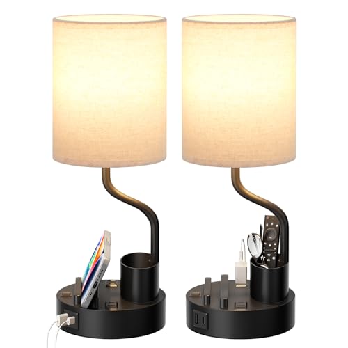 Fenmzee Bedside Lamps Set of 2 with USB & Outlets, Beige - Modern Nightstand Lighting