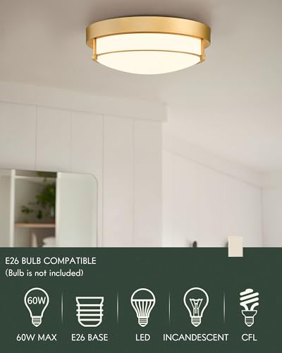 12 Inch Brass Gold Finish 2-Light Ceiling Mount Light Fixture for Hallway Kitchen Bedroom – Modern Design