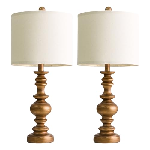 24-Inch Antique Gold Bedside Lamps Set of 2 with Linen Shades - Farmhouse Style, Medium Size Variation of Medium-24"
