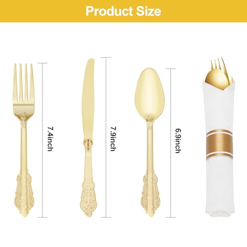 Gold Plastic Silverware Set with 100 Pre-Rolled Napkins - Vintage Design, Heavy Duty, Disposable for Parties & Weddings - Gold / 100