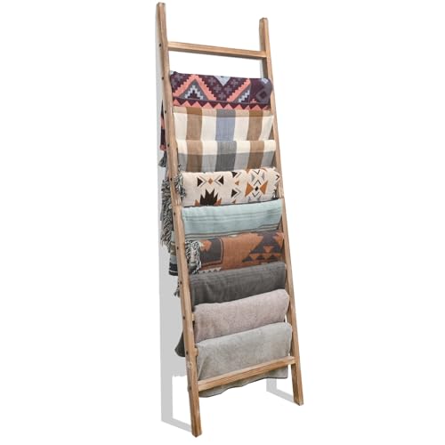 Rustic Wooden Blanket Ladder - 6.4ft Tall, 24 In Wide, 11 Rungs - Burnt Brown