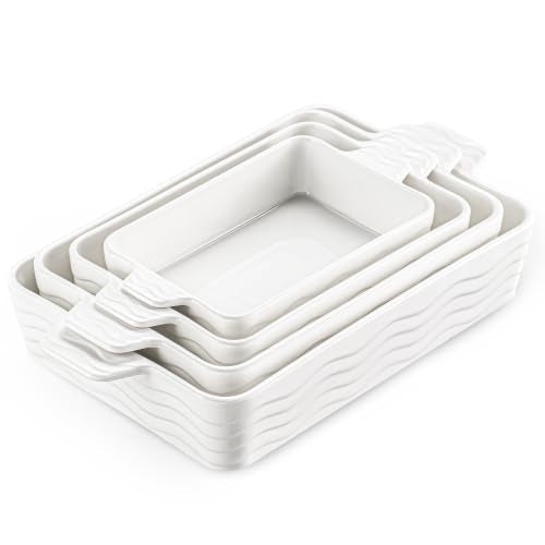 White Ceramic Casserole Dishes Set of 4 - Oven Safe Bakeware with Handles
