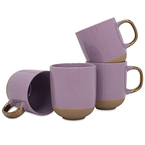 Elanze Speckled 16oz Ceramic Mugs with Metallic Purple Handle – Set of 4