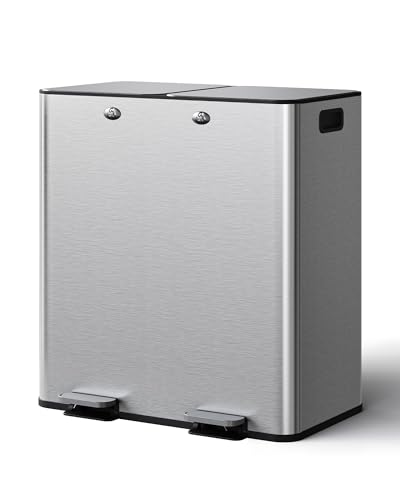 Garvee Dual Kitchen Trash Can 2x8 Gallon Stainless Steel Step Pedal Bin - Silver