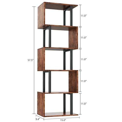 Furologee Rustic Brown 6-Tier S-Shaped Geometric Bookcase - Modern Storage Shelf