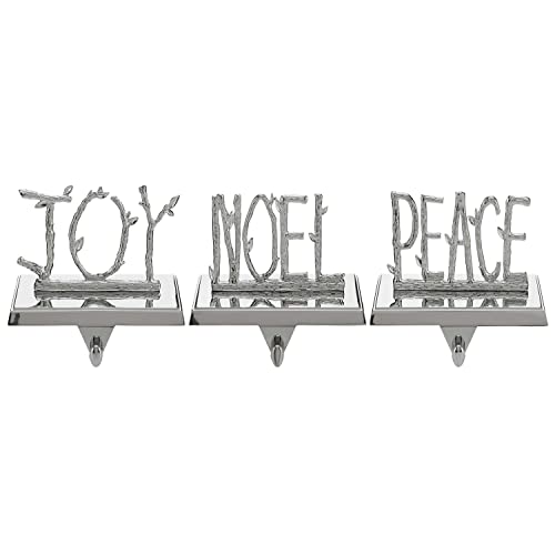 Joy Noel Peace Christmas Stocking Holder Set, 3 Nickel-Plated Mantle Hangers