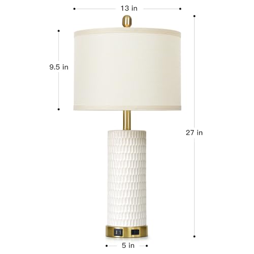 White Ceramic 3-Way Dimmable Touch Table Lamp Set of 2 - Rustic Farmhouse Nightstand with USB & Outlets - Variation White-1