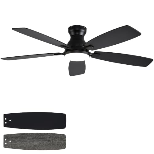 NKPU 52 Inch Black Ceiling Fan with Lights, Remote & APP Control, Low Profile Flush Mount DC Motor, Indoor/Outdoor
