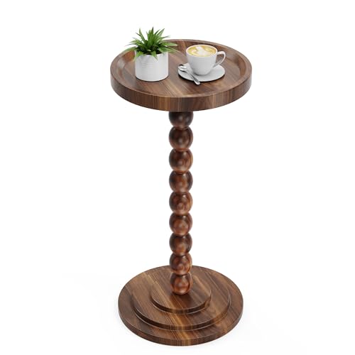 Brown Round Wooden Side Table with Solid Wood Pillars - SJIE