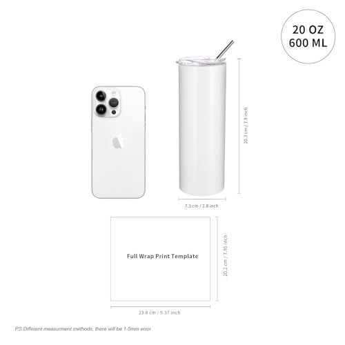 PYD Life 10 Pack 20 OZ Sublimation Skinny Tumblers with Slide Lid & Straw
