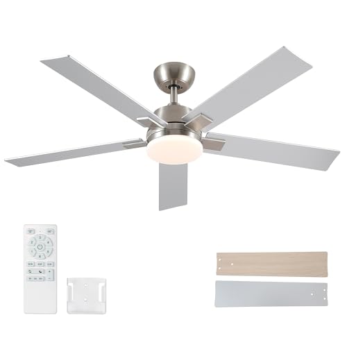 52 Inch Ceiling Fan with Lights and Remote - Nickel Finish, Downrod Mount, Reversible Blades
