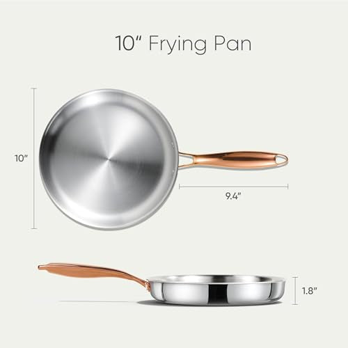 10-Inch Tri-Ply Stainless Steel Frying Pan - Non-Toxic Egg & Omelet Pan - Oven & Induction Safe - Polished Silver - Without Lid