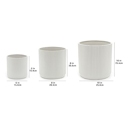 White Fluted Ceramic Plant Pots Set of 3 - 6, 8 & 10 Inch Indoor Outdoor