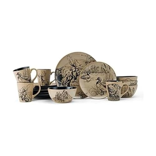 16-Piece Stoneware Dinnerware Set for 4 - Lodge-Style Wildlife Design