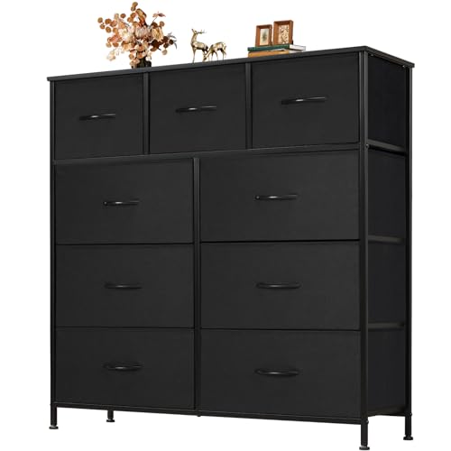 Black Fabric Dresser with 9 Drawers - Anti-Tip Storage Tower, 11.8"D x 39.4"W x 40.2"H