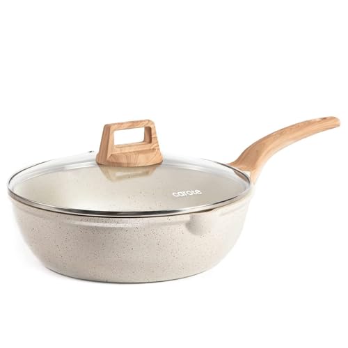 CAROTE 12 Inch Nonstick Deep Frying Pan with Lid, 5.5 Qt White Granite - Cream White