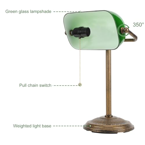 Small Retro Gold Green Glass Bankers Desk Lamp with Pull Chain Switch