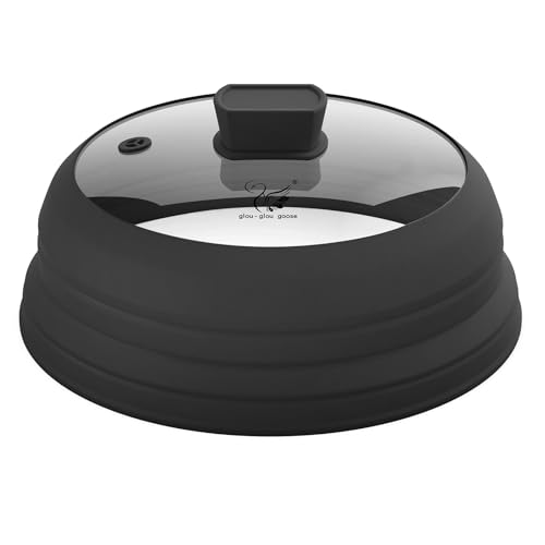 Microwave Splatter Cover Glass Lid with Collapsible Silicone Handle - 11.8 Inch Black
