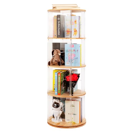 TAKEKIT 4-Tier Natural Round Rotating Bookshelf with Clear Acrylic, 360° Spinning Tower