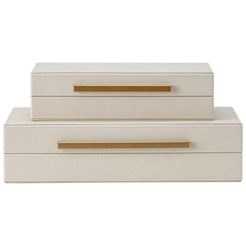 Set of 2 Beige Shagreen Decorative Storage Boxes with Gold Metal