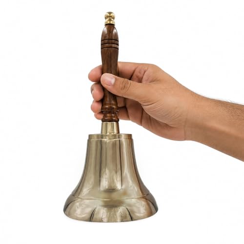 Polished Brass Hand Bell with Wood Handle 11in Heavy Solid Brass Station | THDC (Polish Variant)