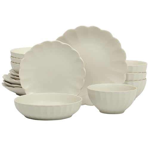 Cream White Malibu Shore 16-Piece Dinnerware Set for 4, Scalloped Edge Stoneware