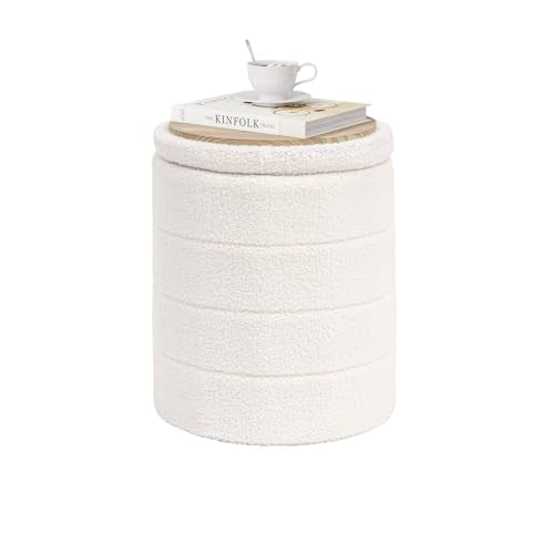 PINPLUS Cream Round Folding Storage Ottoman with Tray - 14.6 Inch Diameter