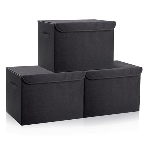 Large Collapsible Storage Bins with Lids - Black, 3 Pack