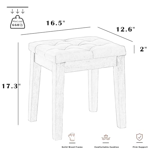 Retro Brown Ottoman Vanity Stool with Padded Linen Seat - Wooden Frame