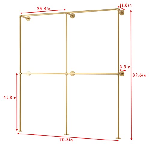 71-Inch Gold Wall Mount Clothing Rack Heavy Duty Pipe Garment Rod for Closet & Retail