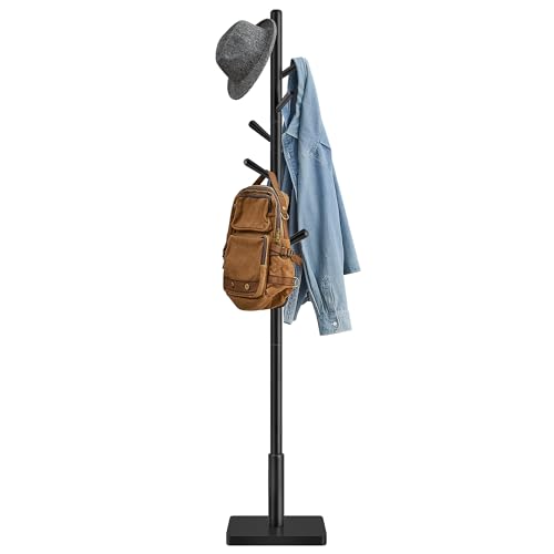 VASAGLE Black Square Base Coat Rack with 8 Hooks, 3 Height Adjustable, Freestanding Wooden Stand