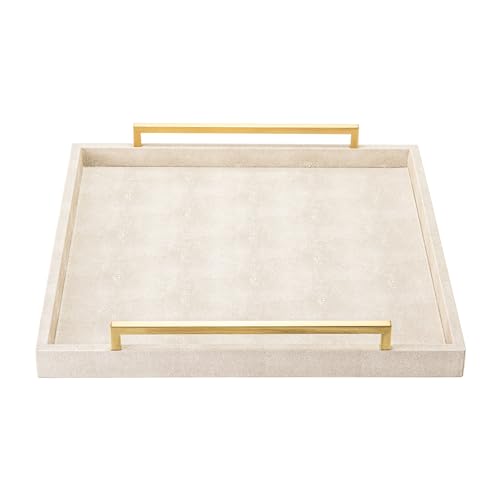 XIGEXIGE Ivory 20x20in Large Shagreen Leather Ottoman Tray with Gold Handles