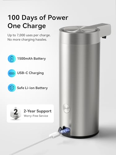 Sunly Silver Touchless Automatic Soap Dispenser - Clog-Free Pump, 0.2s Sensor, USB-C Rechargeable, Stainless Steel Kitchen & Bathroom