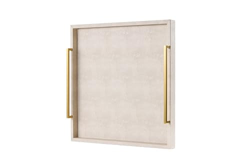 24x24 Inch Oversized Ivory Shagreen Leather Ottoman Tray with Gold Handles – Large Decorative Serving & Coffee Table Tray (Variation: Ivory-Gold Handle)