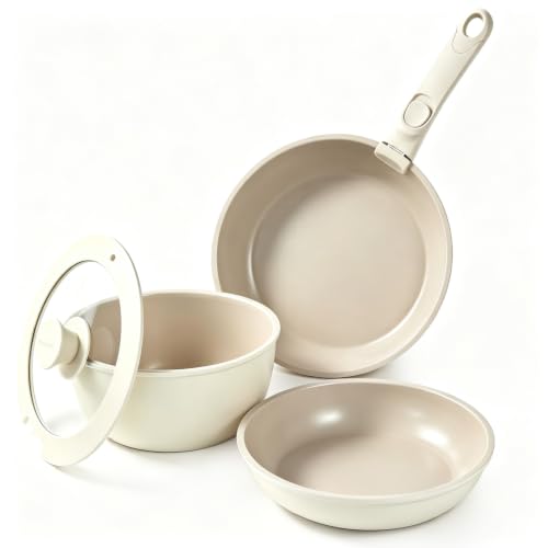 Ceramic Cookware Set with Detachable Handles - Non-Stick, Induction Safe, Oven & Dishwasher Friendly, 5 Pieces for RV & Camping