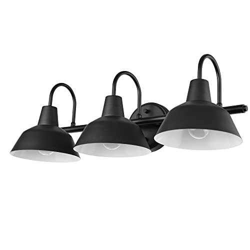 Barnyard 3-Light Vanity Light - Matte Black with White Interior Shades - Dimmable Bathroom Fixture
