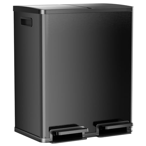 Dual Compartment Stainless Steel Trash Can - 2x30L with Lid, Black - Foot Pedal Bin with Removable Buckets