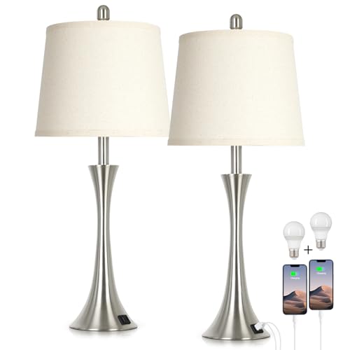 Rinweey 27.5" Silver Set of 2 Touch Bedside Table Lamps with USB-C & A, Dimmable Nightstand Lights with Beige Shades, Bulbs Included