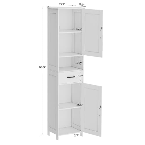 Homhedy 67-Inch Tall Bathroom Storage Cabinet with Barn Doors, Drawer, White - Reversible Door