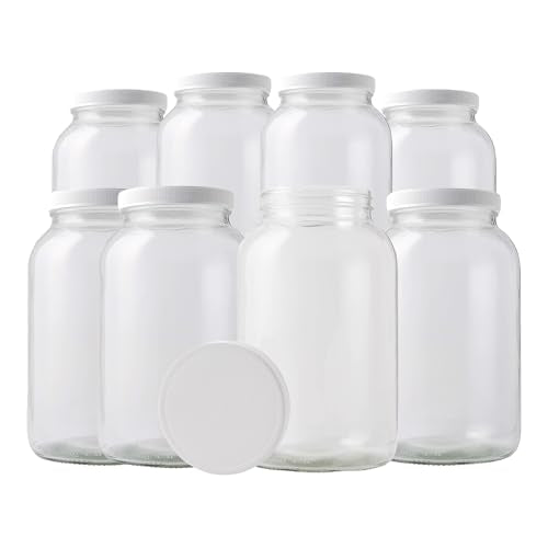 FastRack 1 Gallon Wide Mouth Glass Jars with White Plastic Lids - Pack of 8