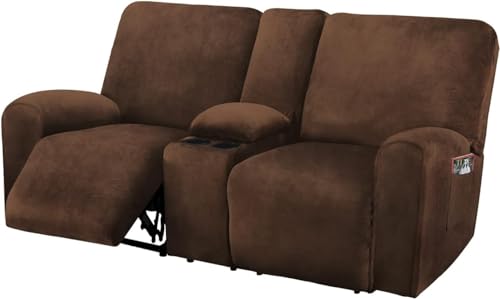 ULTICOR Velvet Reclining Love Seat Cover with Middle Console - Chocolate, 8-Piece Slipcover for 2 Seater Sofas