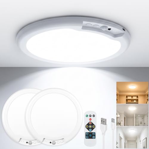 2 Pack Rechargeable Magnetic Ceiling Lights with Remote & Timer - 10000mAh USB-C Battery Powered LED Fixture, Dimmable & Motion Sensor