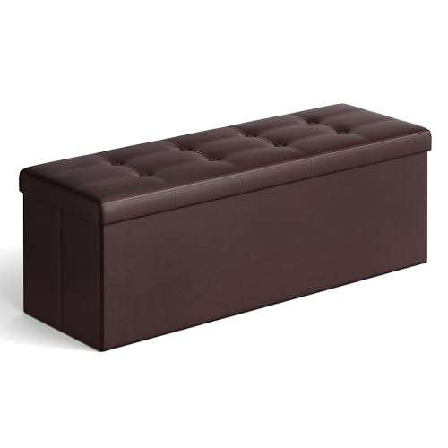 SONGMICS Storage Ottoman Bench Brown 43.3 Inch Foldable Footrest Stool - Without Flipping Lid