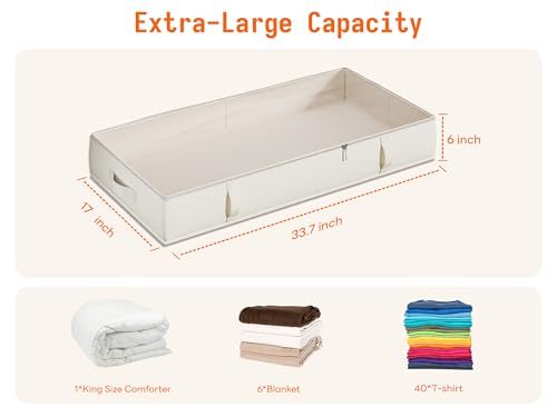 Beige Underbed Storage Container - 6 Inches Tall 60L with Handles & Clear Window - 2-Pack