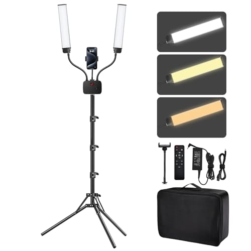 Selfie Light with 75'' Tripod Stand, Dimmable 3 Color LED Dual Arms