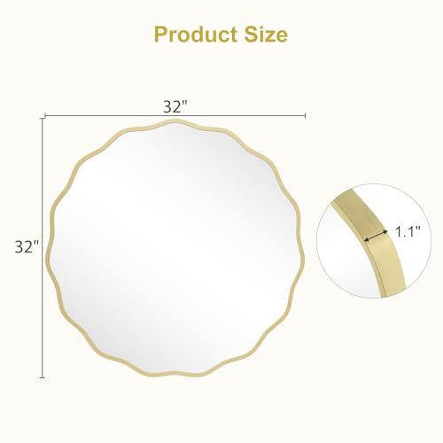 Gold 32-inch Wavy Round Wall Mirror with Aluminum Frame - Modern Bathroom & Living Room Decor