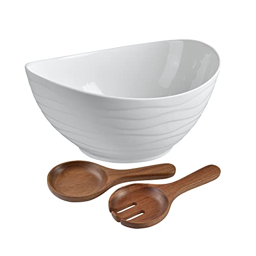 Large Ceramic Oval Salad Bowl Set with Acacia Wood Serving Utensils
