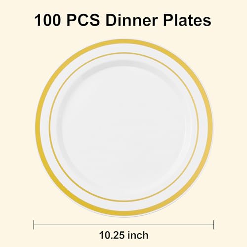 White Gold 10.25 Inch Plastic Party Plates - 100PCS Disposable Dinnerware