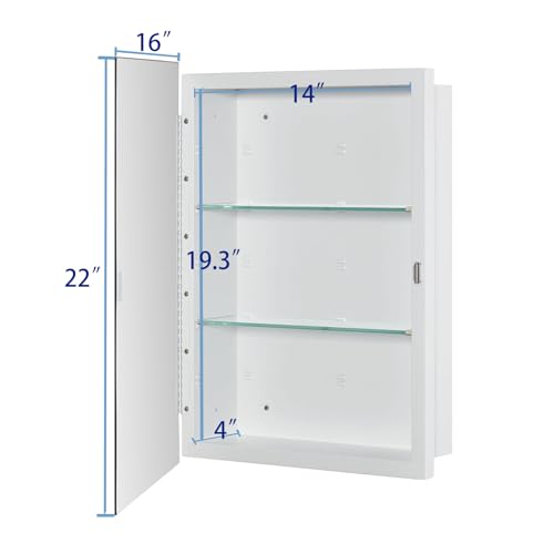 IDYLLOR White Beveled Edge Recessed or Surface Mount Bathroom Medicine Cabinet, 16x22 inch with Adjustable Shelves - Matt White