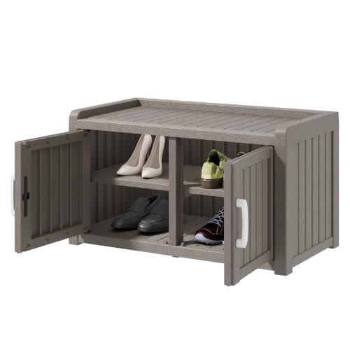 Outdoor Shoe Storage Cabinet Waterproof Resin Bench with 2 Doors & Adjustable Shelves
